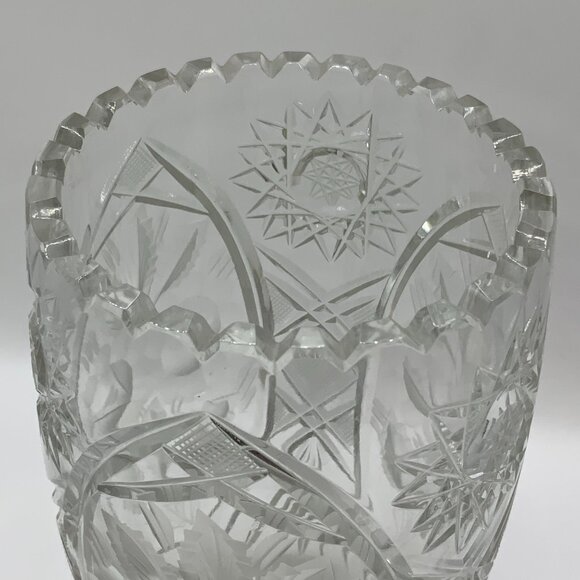 American Brilliant Vintage Crystal Engraved Cut Floral Sawtooth Rim 8" Vase - Picture 5 of 7